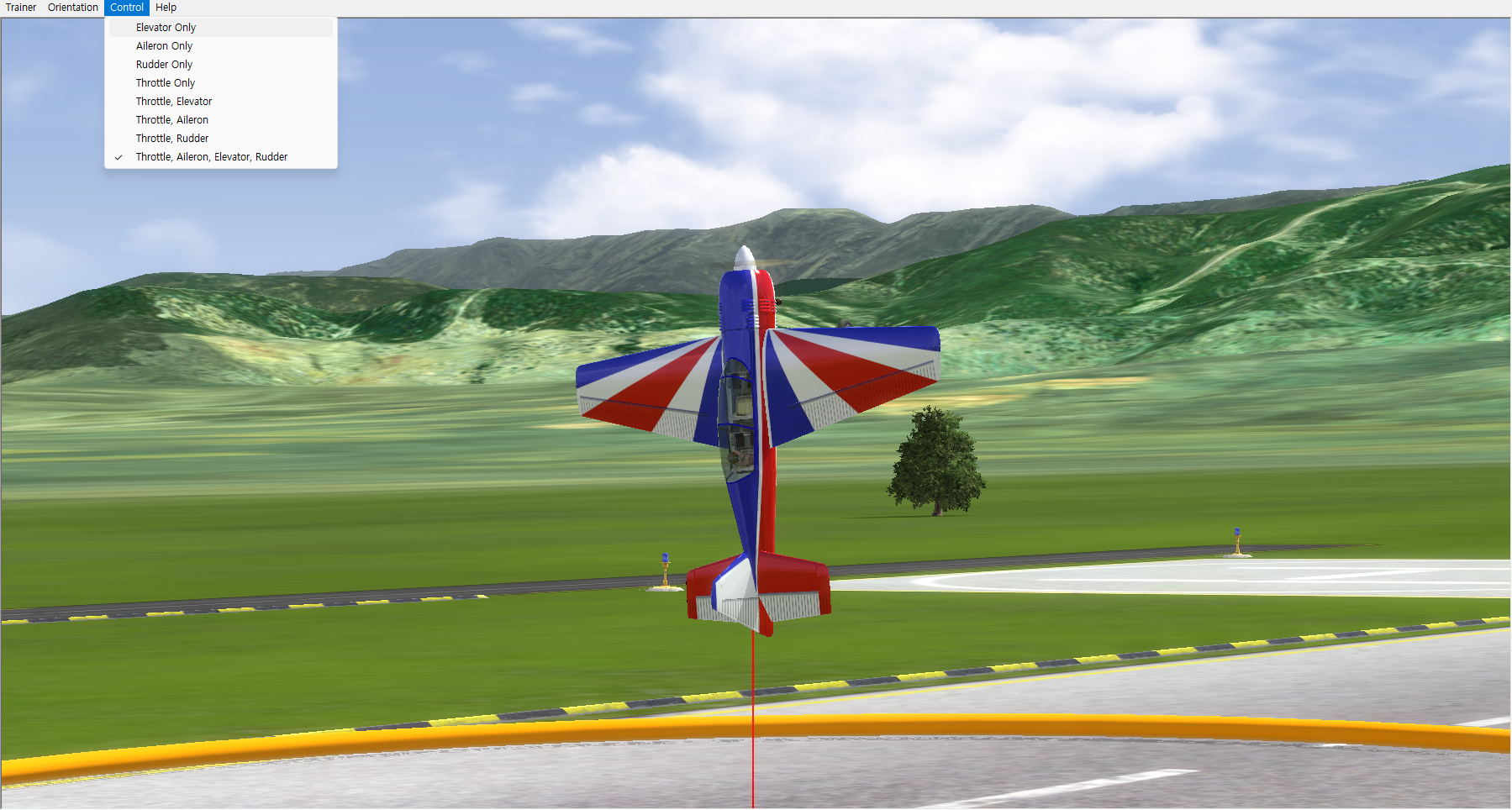 RC 채널 제한 옵션을 보여주는 RealFlight 컨트롤 메뉴