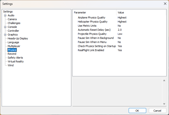 RealFlight의 Settings 창