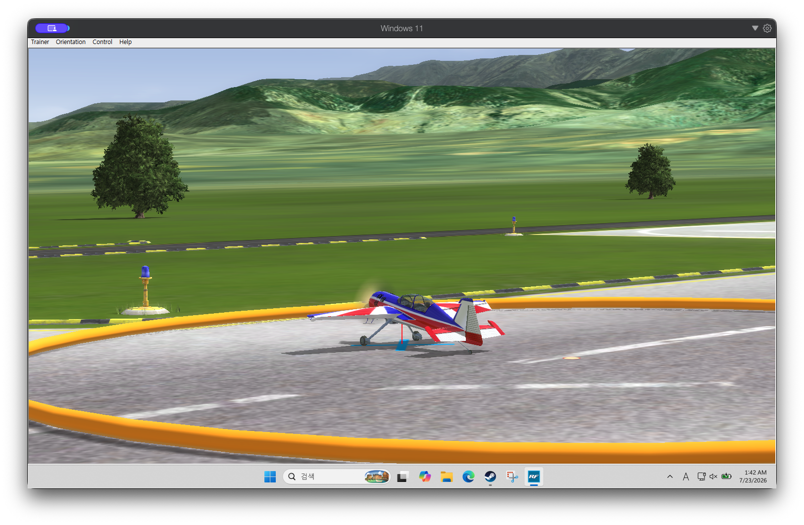 RealFlight Airplane Hover Trainer에서 학습 초반 모델이 이륙 직후 꼬리부터 지면에 내려앉아 정지한 모습.
