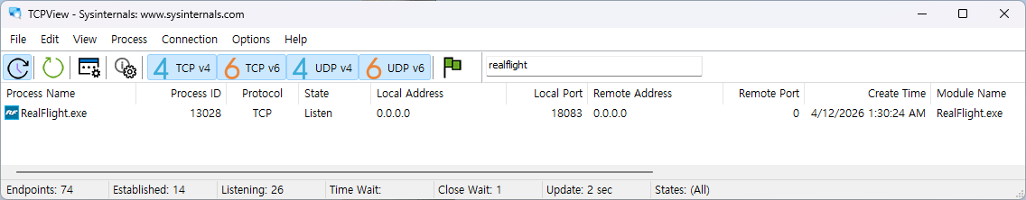 TCPView에서 RealFlight 포트 확인